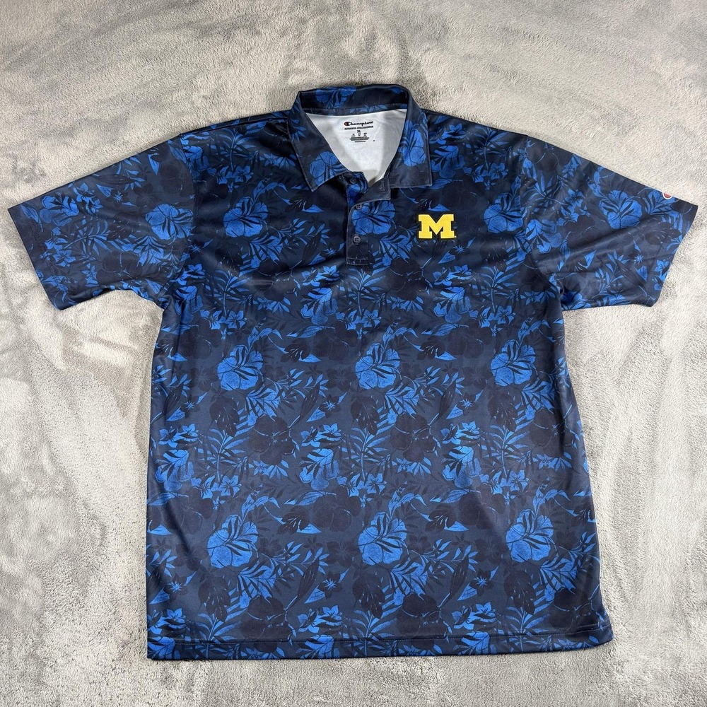 Michigan Wolverines Polo Shirt Mens XL Blue NCAA Football Champion Floral Print
